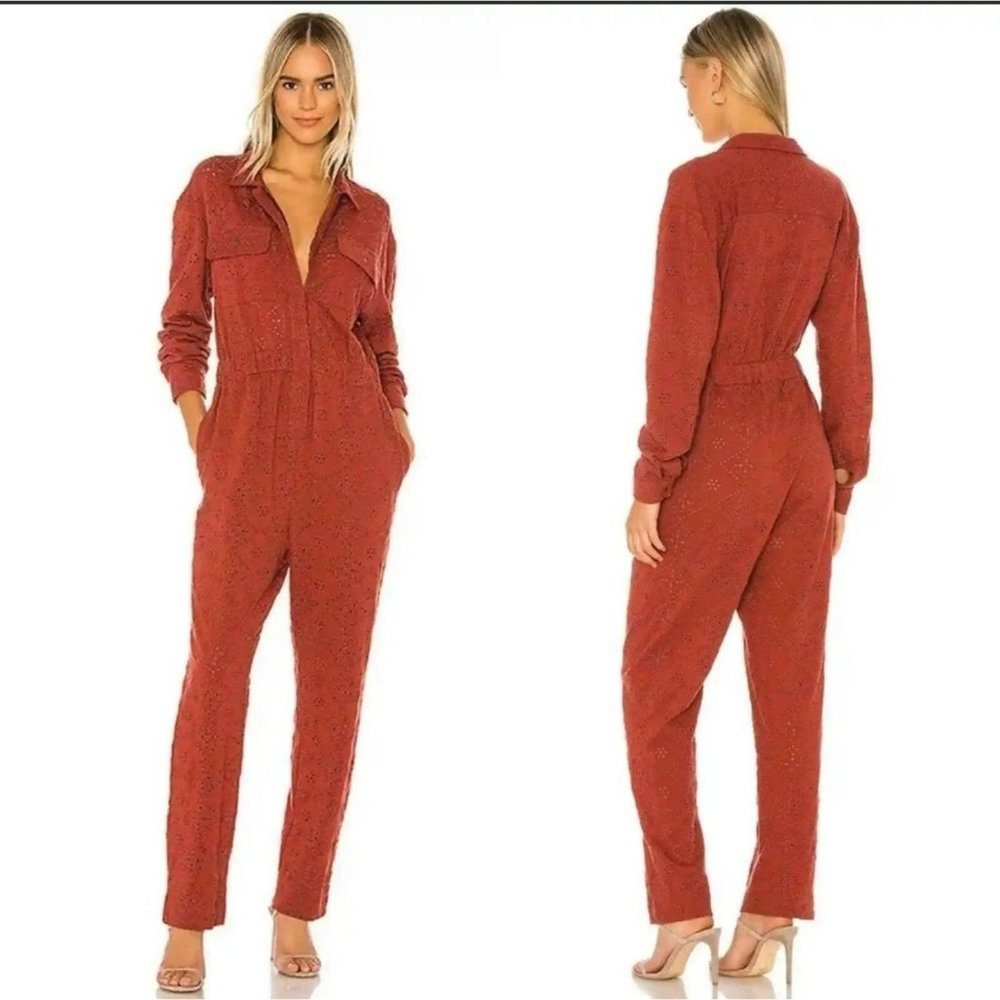 Free People Set The Tone Eyelet Embroidery Jumpsuit in Rust Combo size 4